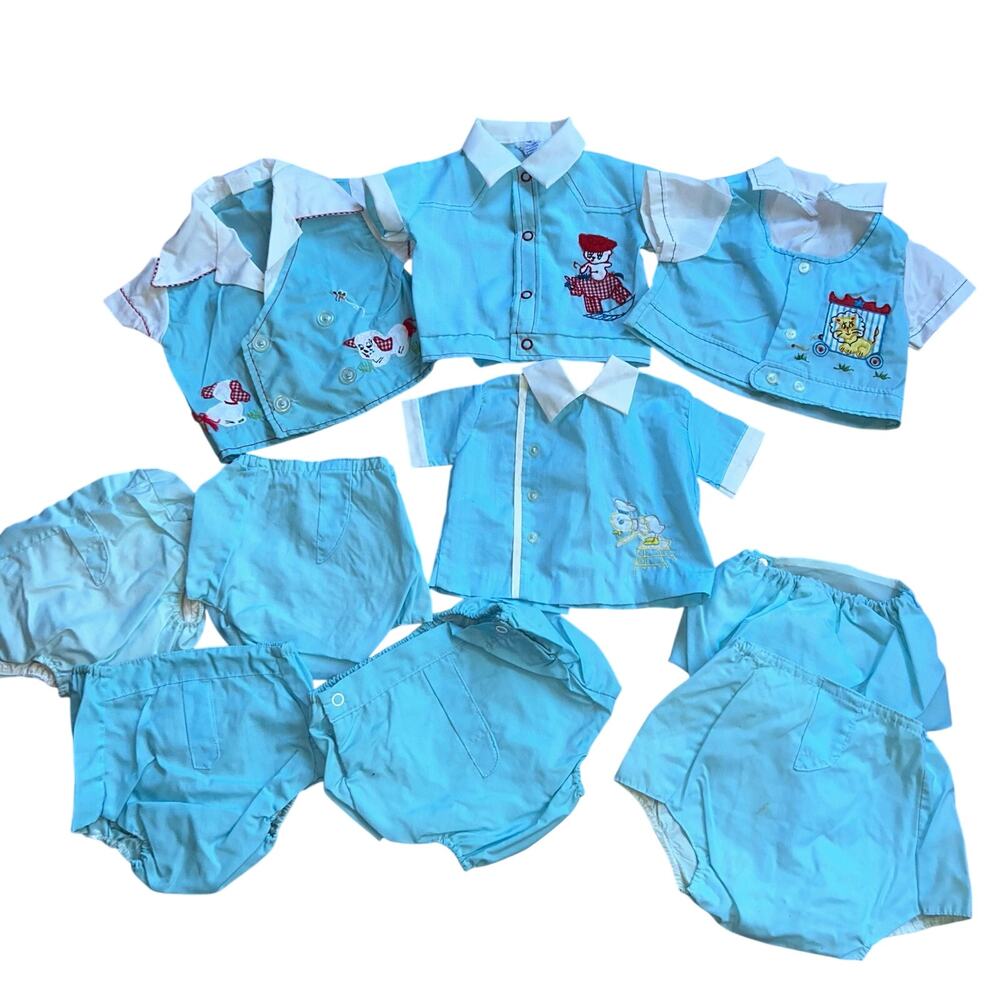 Vintage Celanese Fortrel 1960s baby boy summer outfits  embroidered animals 3 mo